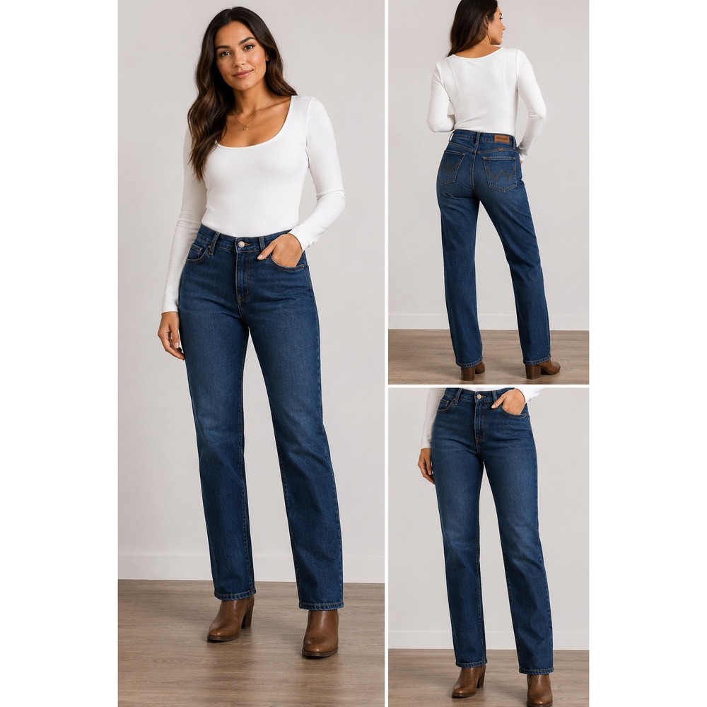 Wrangler Womens High Rise True Straight Jeans Dark Wash Denim 6x32 10MT1STST